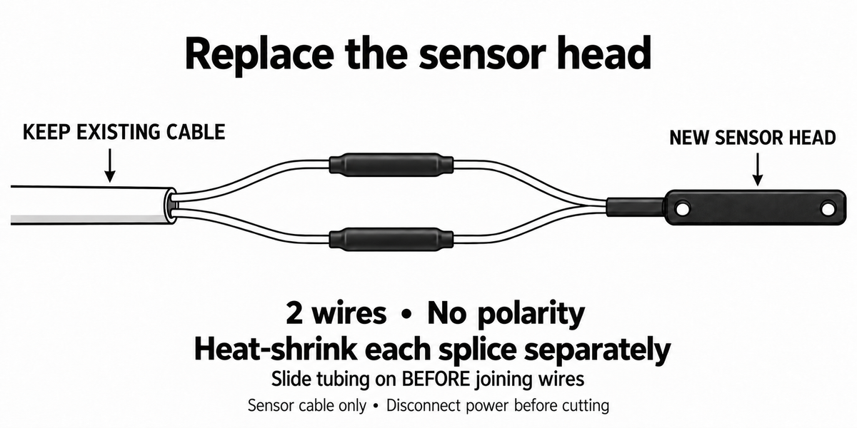 Existing timer cable joined to a replacement sensor using two separately insulated heat-shrink splices. No polarity.