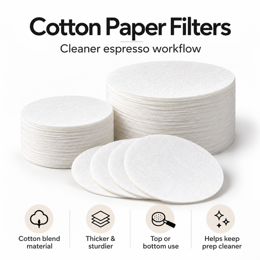 Cotton-blend espresso paper filters — thicker and sturdier, flexible top or bottom placement, cleaner espresso workflow